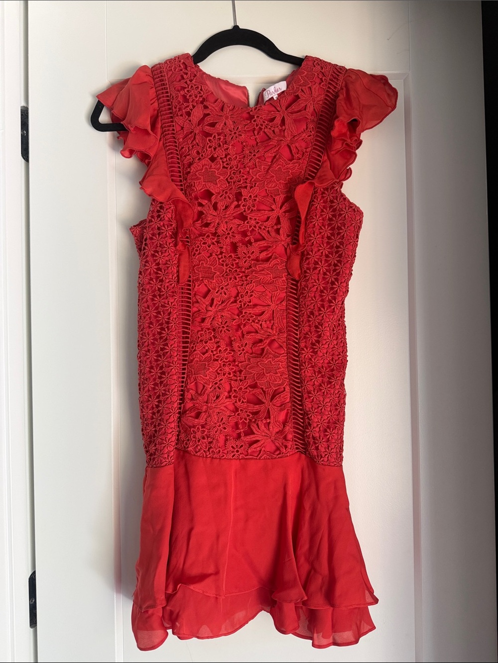 Parker Red Floral Lace Ruffle Dress